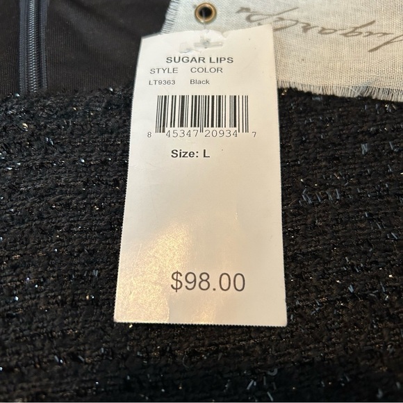 Sugar Lips NWT Black Shimmer Cap Sleeve Fully Lined Dress Sz. L - Picture 3 of 16